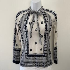 SEA New York Blouse Womens 2 Cream Blue Coastal Nautical Prairie Silk Cotton